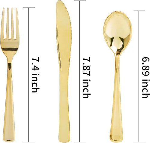 Miniatura 2 de Nervure Juego de cubiertos de plástico dorado de 300 piezas, cubiertos de plástico dorado pesado, utensilios desechables que incluyen 150 tenedores