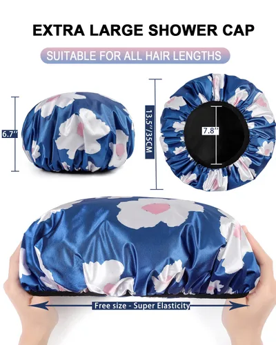 Miniatura 6 de YIZIJIZI Gorro de ducha con forro de rizo, gorro grande de tres capas para mujer, gorro de ducha reutilizable e impermeable, para cabello largo