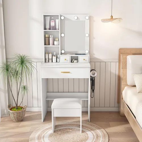 Miniatura 8 de Escritorio de tocador de 7 bombillas con espejo y luces LED ajustables, mesa de maquillaje de 23.62 pulgadas con toma de corriente y taburete