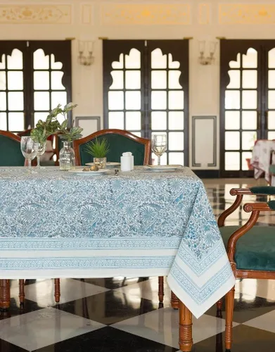 Miniatura 13 de Labhanshi Mantel rectangular de 6 plazas de algodón prelavado con estampado indio a mano, 60 x 90 pulgadas, diseño floral de algodón prelavado