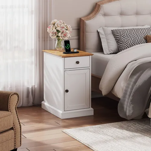 Miniatura 7 de WLIVE Mesa auxiliar con estación de carga, mesa estrecha con cajón y gabinete, mesa auxiliar con estante ajustable para sala de estar/dormitorio