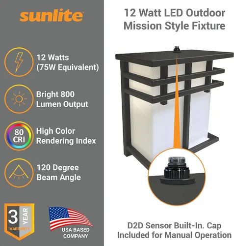 Miniatura 3 de Sunlite 88686 LED Mission Style - Accesorio para exteriores, 12 vatios (75 W = ), 800 lúmenes, fotocélula incorporada, acabado negro, lente blanca