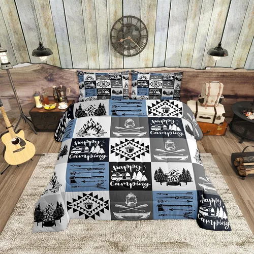 Miniatura 20 de Happy Camping - Juego de edredón de 3 piezas, tamaño Queen, retro, azul, rojo, blanco, rayas de madera, para niños, adolescentes, adultos, Multi 19