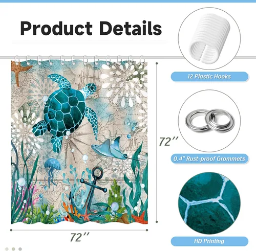 Miniatura 6 de Moutina Cortina de ducha náutica de tortuga marina, decoración de baño con temática oceánica, juego de cortina de ducha costera de playa, 72 x 72