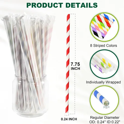 Miniatura 2 de Pajitas de papel desechables envueltas individualmente de 7.75 x 0.24 pulgadas, rayas coloridas [400 unidades] - biodegradables ecológicos