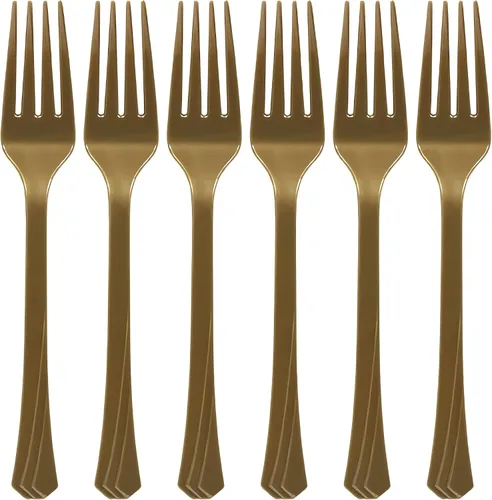 Tenedores dorados de plástico pesado de alta calidad (51 unidades) – Cubertería duradera, elegante y desechable para fiestas, eventos y uso diario