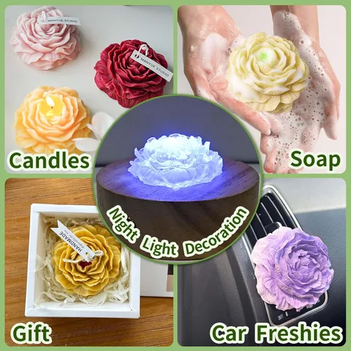 Miniatura 7 de Juego de 3 moldes de vela de peonía para hacer velas, juego de moldes de silicona 3D grandes + medianos + pequeños para fundición de resina epoxi, 3