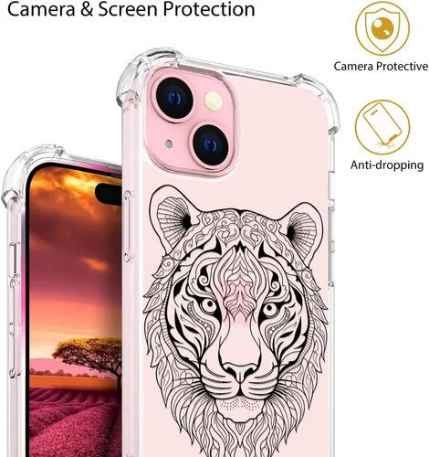 Miniatura 6 de Funda compatible con iPhone 15, bonita funda transparente para mujer, funda de silicona transparente para teléfono, color negro, tigre poderoso