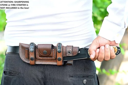 Miniatura 5 de Ottoza Cuchillo de caza de hoja fija con funda de cuero y transporte horizontal, cuchillo de supervivencia y campamento al aire libre de espiga