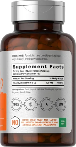 Miniatura 2 de Horbäach Vitamina B2 100 mg 180 cápsulas Suplemento de riboflavina Sin OMG y sin gluten