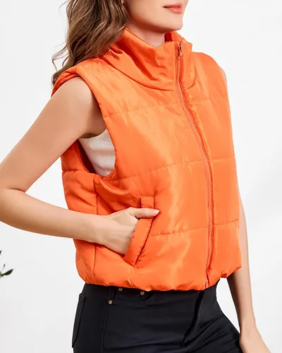 Miniatura 3 de Chaleco acolchado para mujer, sin mangas, cálido, acolchado, recortado, con cuello alto, con bolsillo