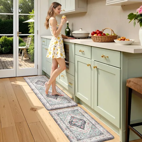 Miniatura 32 de KIMODE - Juego de 2 tapetes de cocina bohemios, antifatiga, antideslizantes, impermeables, ergonómicos, acolchados, cómodos, para lavandería, Caqui
