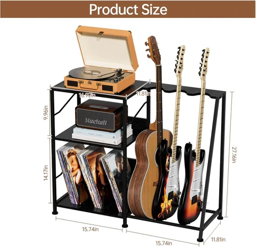 Miniatura 4 de Hosfais Soporte para tocadiscos, soporte de guitarra de 3 niveles para acústico, guitarra eléctrica, soporte para bajo, almacenamiento de discos