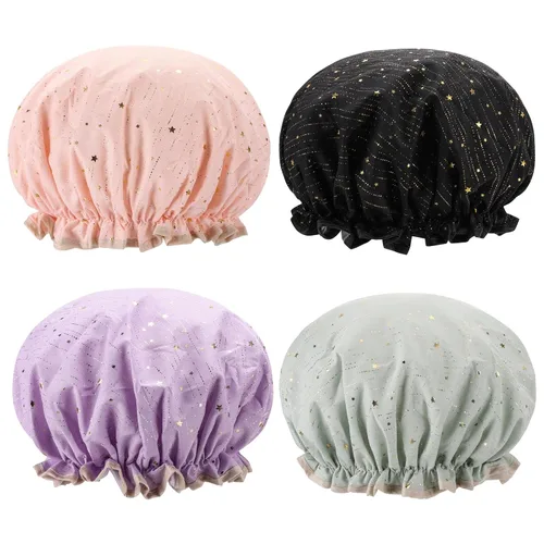 Miniatura 13 de 4 Piezas Gorros de Ducha para Mujeres y Niña, Gorro de Baño Reutilizable e Impermeable con Doble Capa Impermeable, Patrón de Pájaro y Corazón