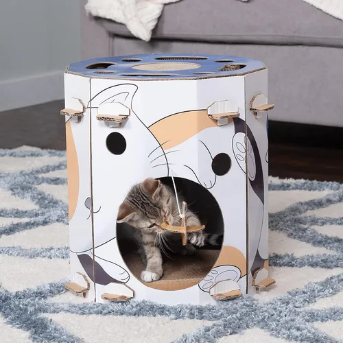 Miniatura 3 de Furhaven Muebles para mascotas para gatos y gatitos – Casa de juegos para gatos con caja de rompecabezas, juguetes y hierba gatera, impresión