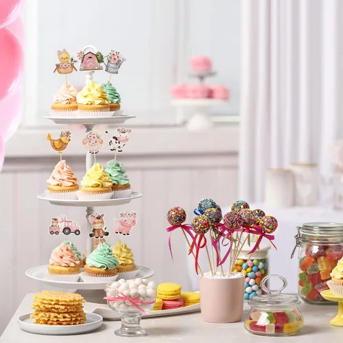Miniatura 4 de Gyufise 36 adornos para cupcakes de animales de granja rosas con diseño floral rosa para niñas, diseño de animales de granja, para cumpleaños