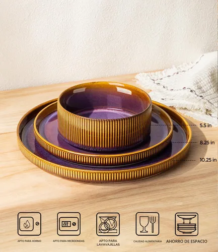 Miniatura 2 de TheTerra Juego de vajilla de cerámica para 4, juego de 12 platos y cuencos ligeros de porcelana, resistente a los arañazos, apto para horno