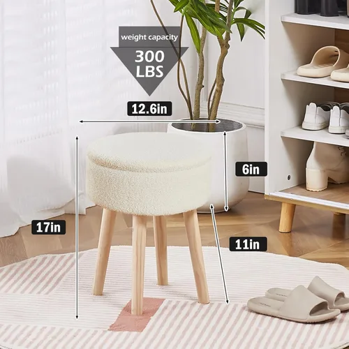Miniatura 2 de Otomana de Almacenamiento Taburete, Taburete de Tocador Redondo de Terciopelo Teddy, Taburete con Bandeja Superior y Patas de Madera, Otomana