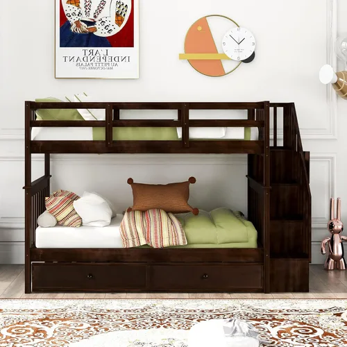 Miniatura 30 de Harper&Bright Designs - Litera individual sobre individual con barandilla de seguridad, escalera, cama nido individual con 3 cajones para niños