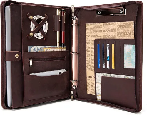 Miniatura 10 de YIWEN Portafolio de cuero genuino hecho a mano, portafolio con cremallera y carpeta de 3 anillos, organizador profesional de negocios, carpeta