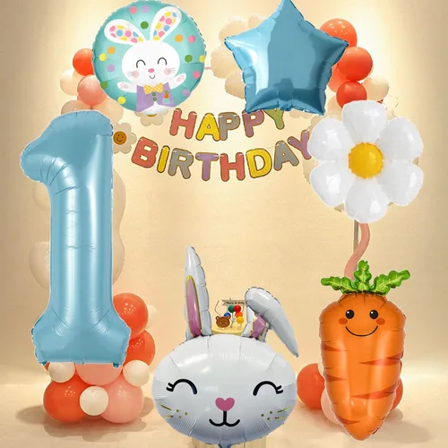 Miniatura 4 de Globos de conejo de aluminio número 1, globos redondos de conejo zanahoria, margarita, estrella azul para decoraciones de cumpleaños de conejo