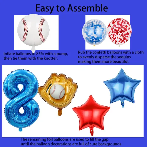 Miniatura 3 de Globos de béisbol de papel de aluminio para decoración de cumpleaños, globos con el número 8, globos de confeti de estrella roja y azul para Béisbol