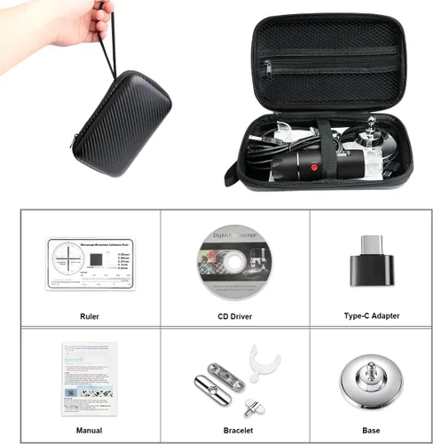Miniatura 5 de Microscopio USB con cámara y soporte y estuche de transporte, microscopio digital Cainda compatible con Android, Windows, Linux, Mac, lupa portátil