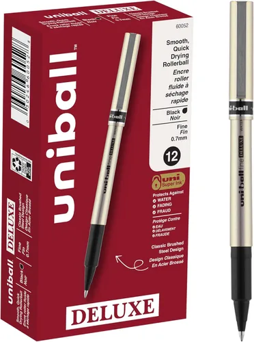 Uniball Deluxe - Bolígrafo de punta fina, 12 bolígrafos negros, de punta fina de 0.028 in, suministros de oficina, bolígrafos de tinta, bolígrafos