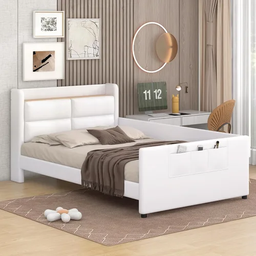 Miniatura 4 de Cama de plataforma tapizada de tamaño individual con barandilla, cabecera de almacenamiento y estribo, para niños, adolescentes y adultos, uso