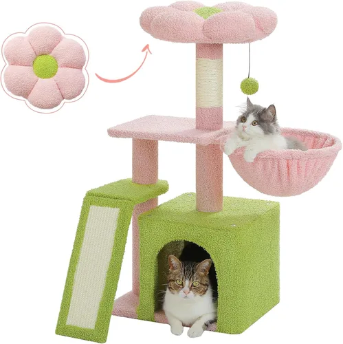 PETEPELA - Árbol para gatos con flores, torre de 32 pulgadas para interiores, condominio para gatos pequeños con rampa de sisal para rascar, hamaca