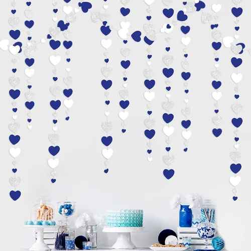 Miniatura 26 de 52 pies Guirnalda de corazón de amor dorado azul marino para decoración de fiesta del día de San Valentín Bandera de serpentina colgante azul real