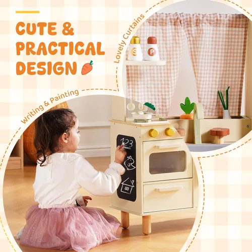 Miniatura 4 de ROBOTIME Juego de cocina de madera para niños, cocina de simulación para niños pequeños con microondas, fregadero, estufa y máquina de hielo, juego