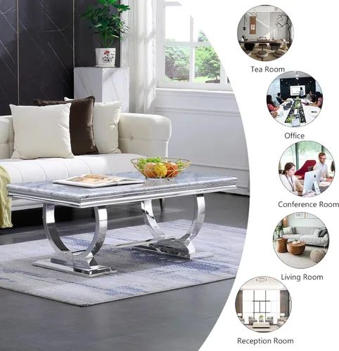 Miniatura 5 de Mesa de centro moderna, mesas de centro con pedestal de base en U plateadas para sala de estar, mesa de centro rectangular de 48 pulgadas en gris
