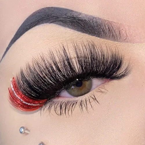 Miniatura 6 de Pestañas postizas negras con reflejos rojos, 1 par de pestañas de tira voluminosa con purpurina para un aspecto dramático, color rojo en el extremo