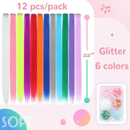 Miniatura 3 de Extensiones de cabello de colores, extensión de cabello liso con clip de 22 pulgadas, extensiones de cabello con brillantina multicolor arcoíris