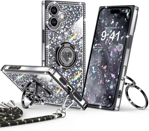 Miniatura 17 de XYZ Funda para iPhone 13, con purpurina brillante con soporte de corazón de 2 anillos y cordón, funda protectora a prueba de golpes con diamantes