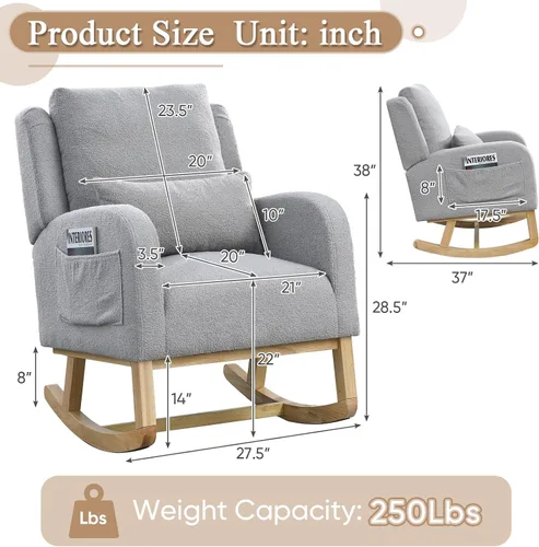 Miniatura 2 de Silla Mecedora Deslizante para Guardería, Silla Mecedora de Acento con Respaldo de Ala Tapizada de Respaldo Alto con Reposabrazos y Bolsillos