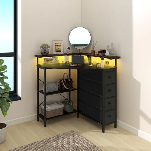 Miniatura 5 de VENNQD Escritorio esquinero con cajones y estantes para espacio pequeño, escritorio triangular de computadora de 90 grados con tomas de corriente
