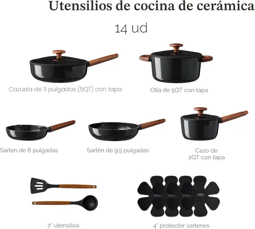Miniatura 2 de CAROTE Juego de utensilios de cocina de cerámica, ollas y sartenes antiadherentes, 14 piezas, no tóxico, saludable, antiadherente, juego de ollas