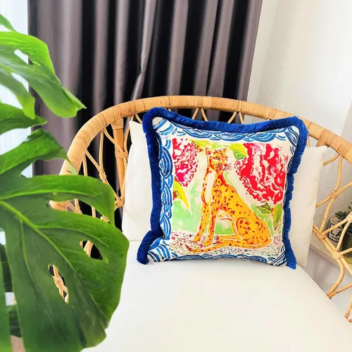 Miniatura 2 de Funda de almohada con patrón de leopardo, funda de almohada de terciopelo única, cojín de borla azul, almohada decorativa para decoración del hogar