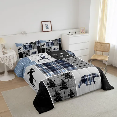 Miniatura 7 de Juego de edredón individual de aventura rústica para niños, juego de ropa de cama navideña de ciervos, osos y pinos para niños y adultos, decoración