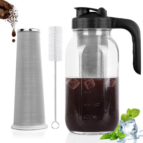 Jarra de café frío de 64 onzas, jarra de vidrio resistente con tapa de mango de boquilla en forma de V, filtro de acero inoxidable para café helado,
