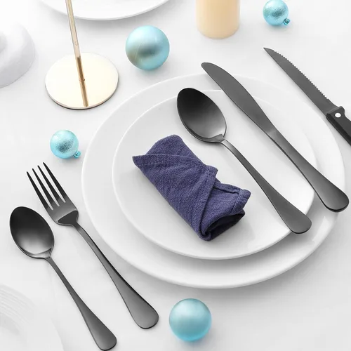 Miniatura 3 de E-far Juego de cubiertos negros de 24 piezas con cuchillos para carne, cubiertos de acero inoxidable para 4, modernos juegos de utensilios de metal