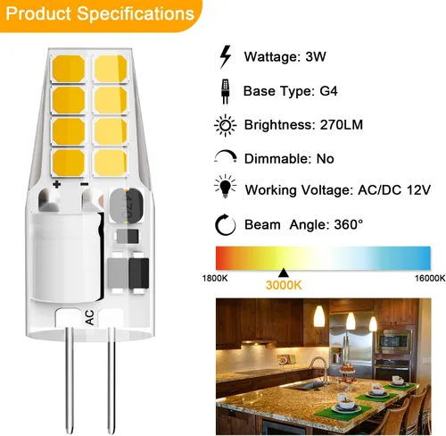Miniatura 4 de Bombilla LED G4 T3 JC con base bi-pin 3W AC/DC 12V blanco cálido 3000K 20W-25W reemplazo de bombilla halógena para debajo del gabinete, lámpara