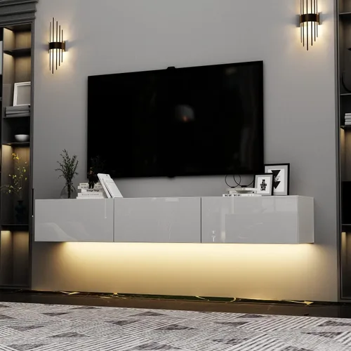 Miniatura 8 de Homsee Soporte de TV LED flotante para televisores de hasta 70 pulgadas, consola multimedia de madera montada en la pared con superficie brillante