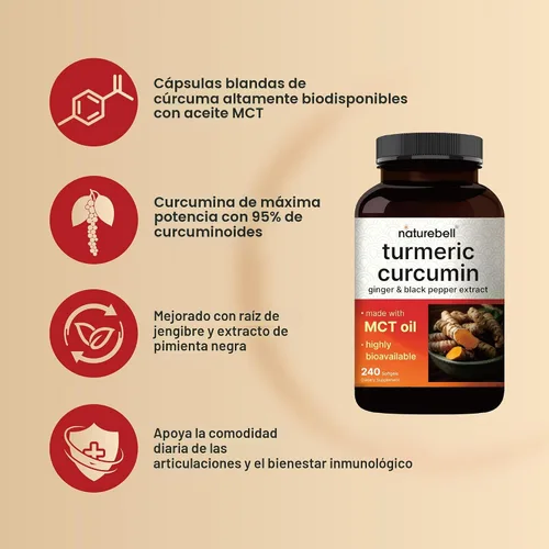 Miniatura 3 de Suplemento de curcumina de cúrcuma con pimienta negra y jengibre, 95% curcuminoides, 240 cápsulas blandas con aceite MCT para una mejor absorción