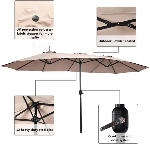 Miniatura 8 de Tangkula Sombrilla de patio de 15 pies de doble cara para mesa de mercado al aire libre con manivela (beige)