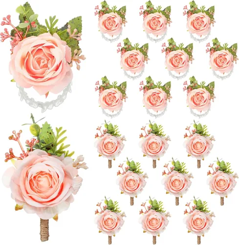Miniatura 11 de Sherr Juego de 20 ramilletes de rosas y boutonniere, ramillete de muñeca de flores, pulsera de pulsera para novio y hombre, boutonniere de boda