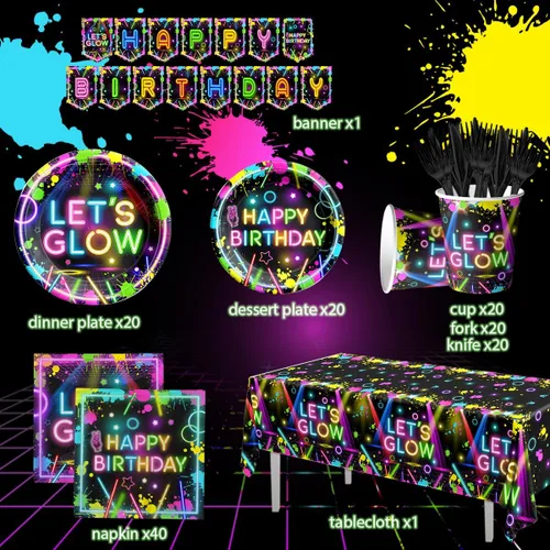 Miniatura 2 de Suministros para Fiestas de Neón, 142 Piezas Let Glow Decoraciones de Fiesta Incluyendo Platos de Papel Desechables, Tazas, Manteles, Decoración