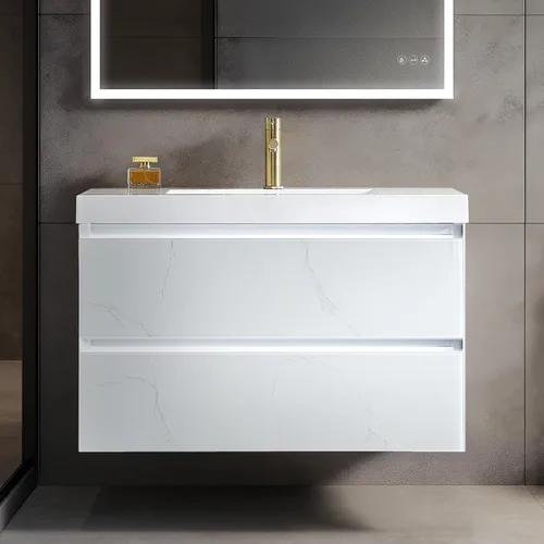 Miniatura 12 de Blossom Tocador de baño LED de 24 pulgadas – Tocador flotante montado en la pared con luces – 100% impermeable PVC de grado marino – Moderno